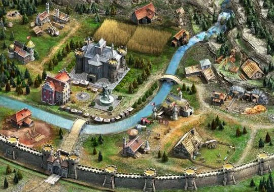 Ausgebaute mittelalterliche Siedlung mit Burg, Produktionsgebäuden und Mauern